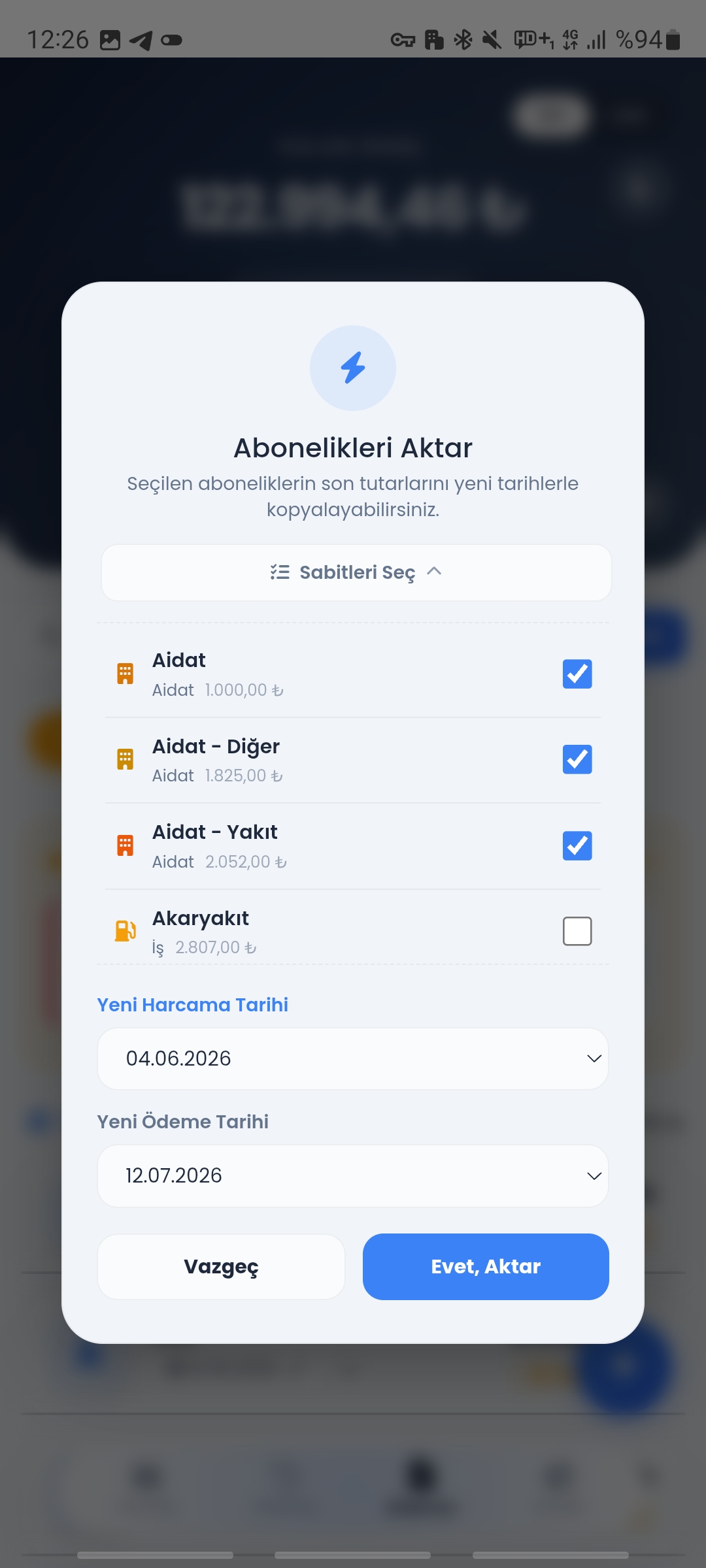 Abonelikleri Aktar Butonu