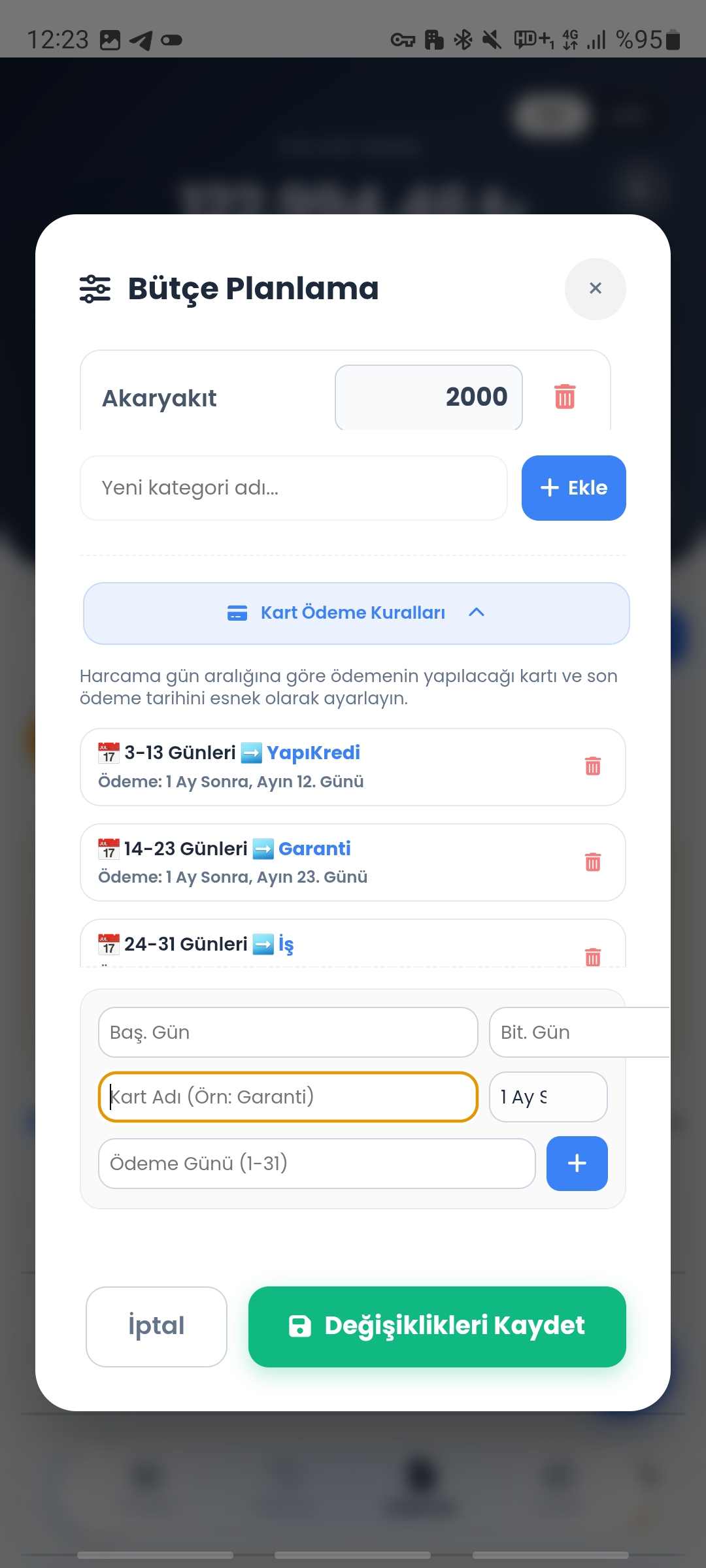 Bütçe Planlama ve Kart Ayarları
