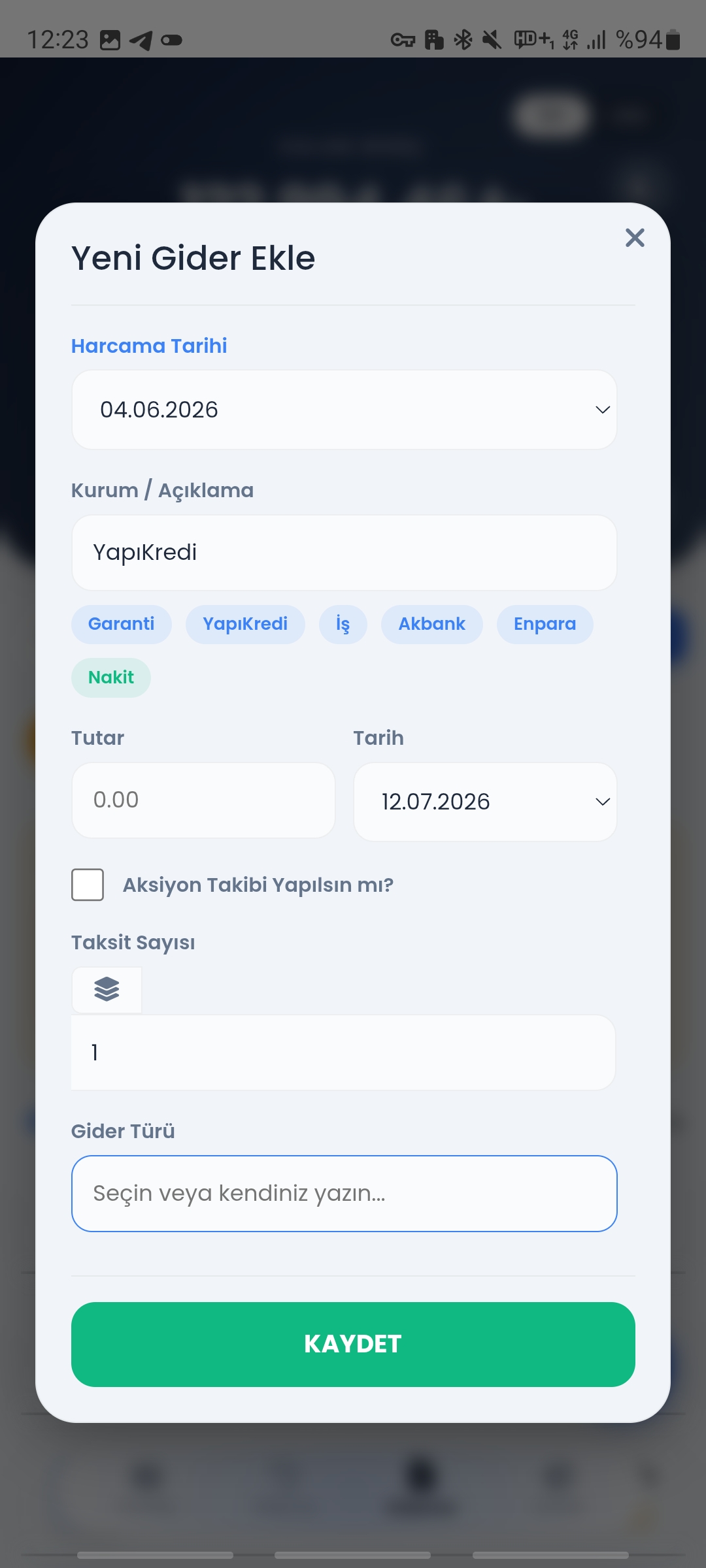 Giderler Sayfası Gider Ekleme Ekranı