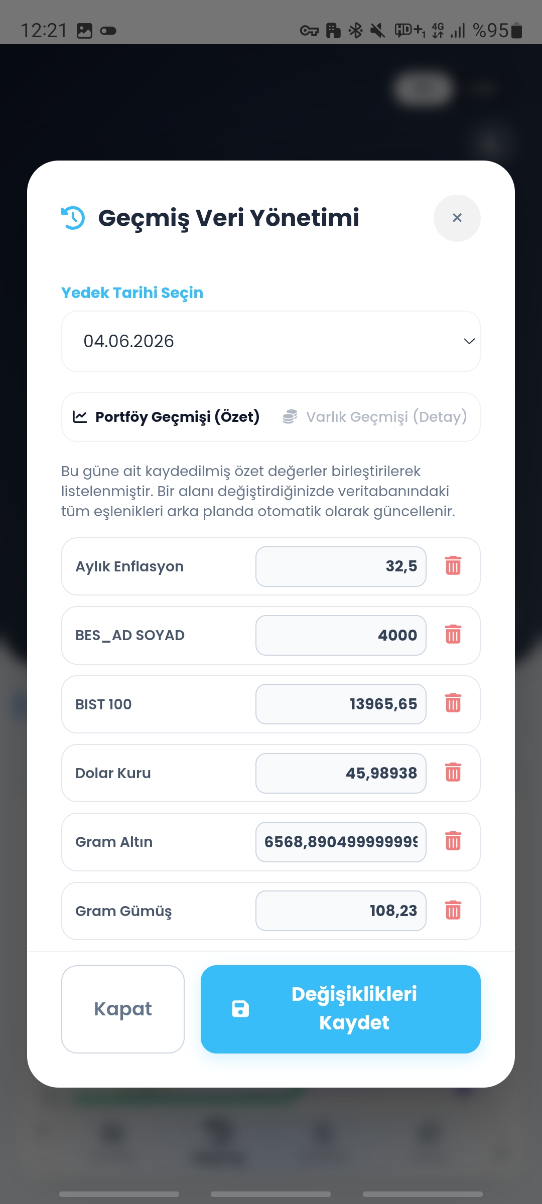 Geçmiş Veri Yönetimi Düzenleme Ekranı