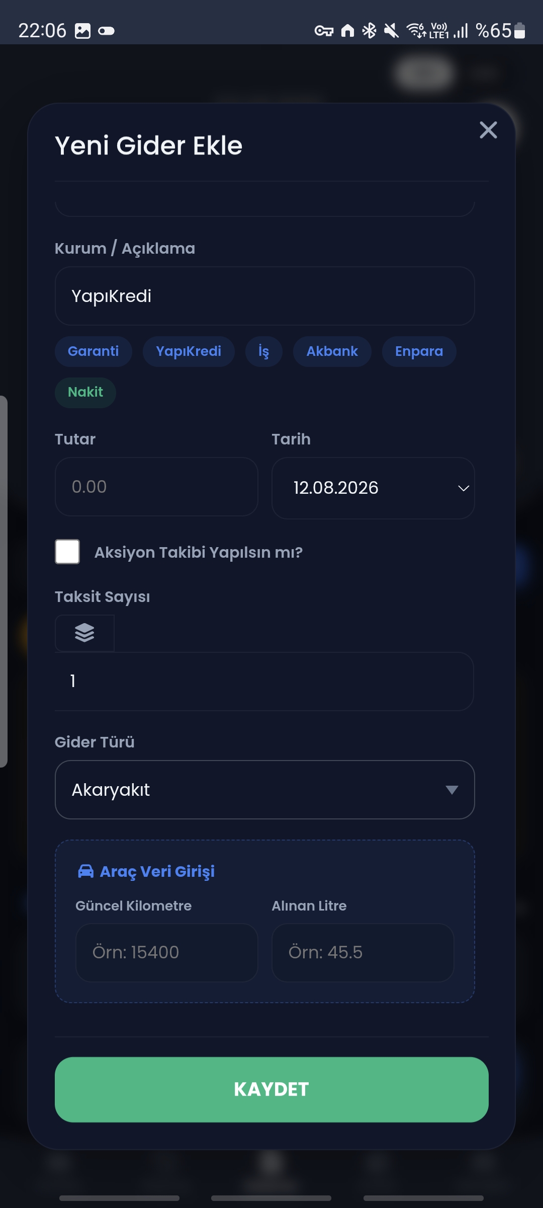 Giderler Sayfası Gider Ekleme Ekranı